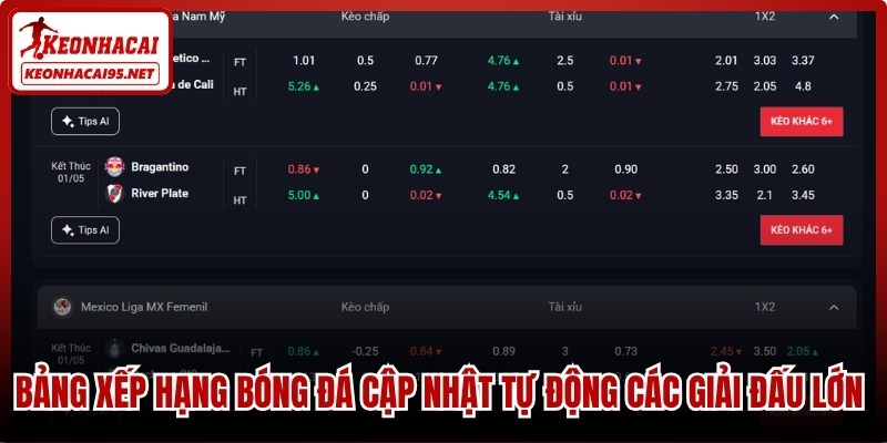 Bảng xếp hạng bóng đá cập nhật tự động các giải đấu lớn nhất hành tinh